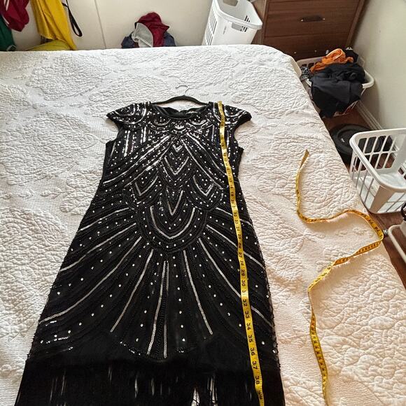 Pretty Guide 2XL Black Bead Silver Sequin Dress Cap Sleeve Fringe Bottom Lined - Picture 11 of 16